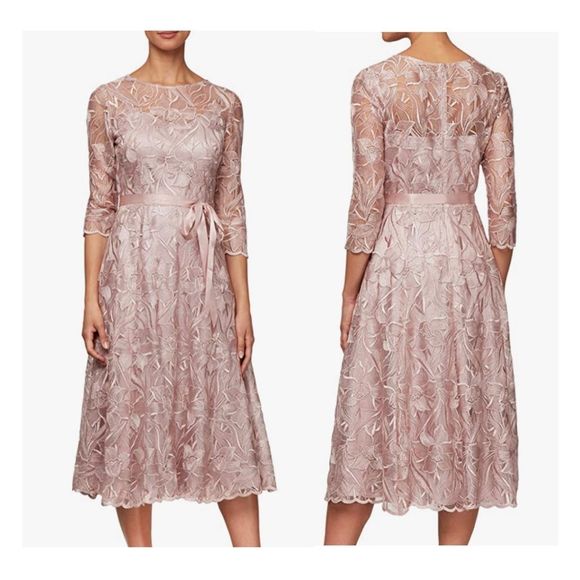 Dress Alex Evenings Lace flowers Dusty Rose Tea Length sz20 3/4 sleeves - Picture 1 of 12